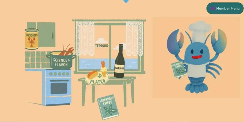 صورة توضح تصميمًا افتراضيًا لمتحف ماين لوبستر، مع عناصر مثل الكركند والكتب، تعكس ثقافة وأهمية الكركند في ولاية ماين.