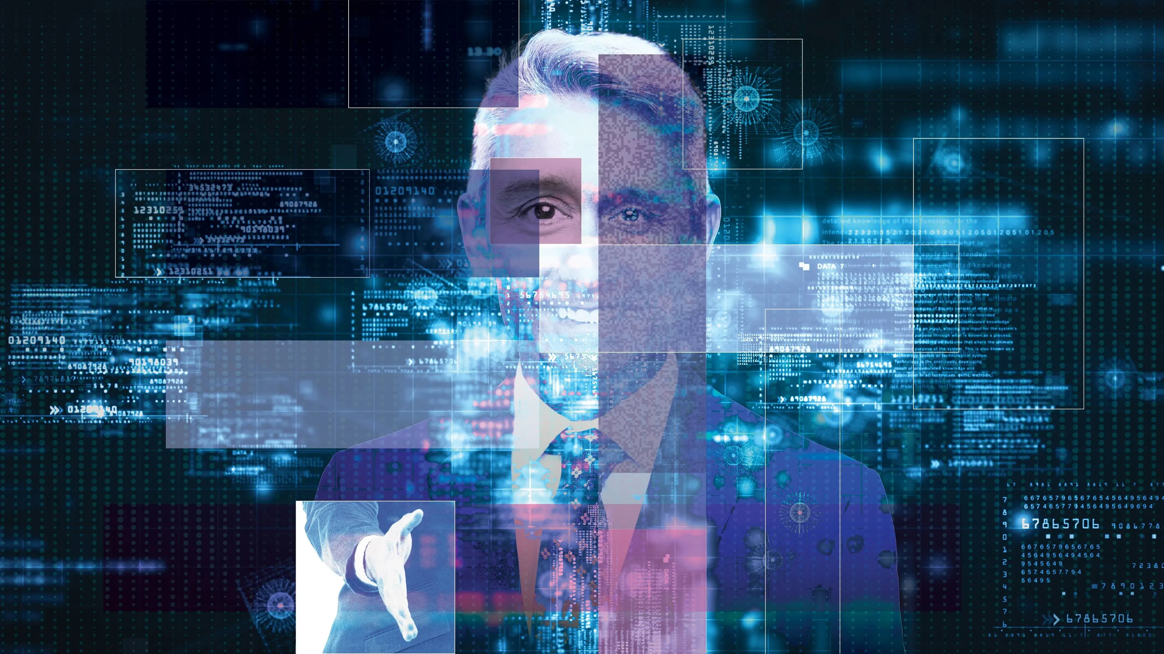 صورة تمثل شخصية ذكاء اصطناعي لرئيس تنفيذي، محاطة ببيانات رقمية، تعكس تطور استخدام الذكاء الاصطناعي في الشركات.