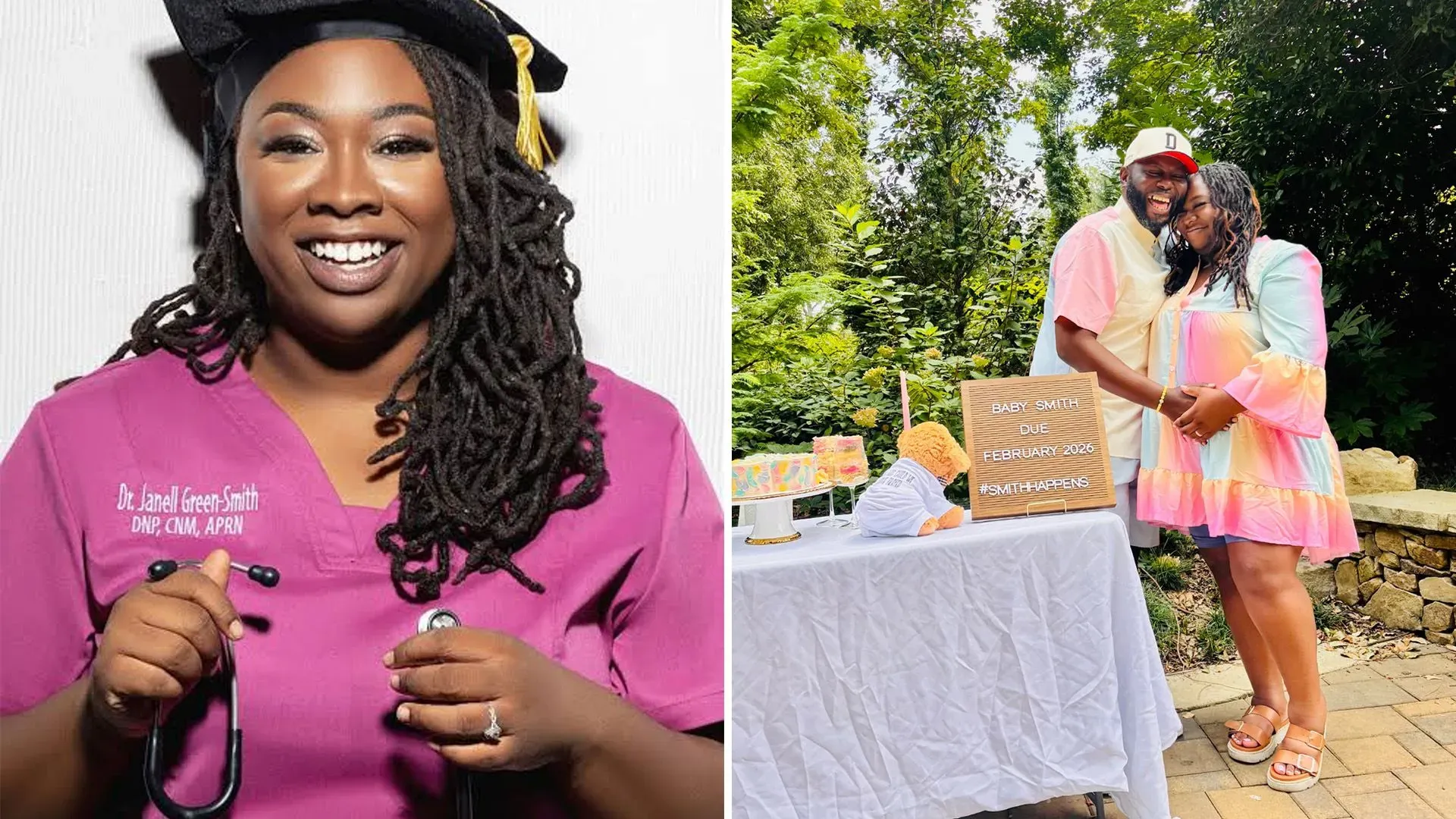 صورة لجانيل جرين سميث، ممرضة قابلة، مرتدية زيها الطبي، تحتفل مع زوجها دايكان سميث في حفل استقبال مولودهما، مع لافتة تشير إلى موعد ولادة طفلهم في فبراير 2026.