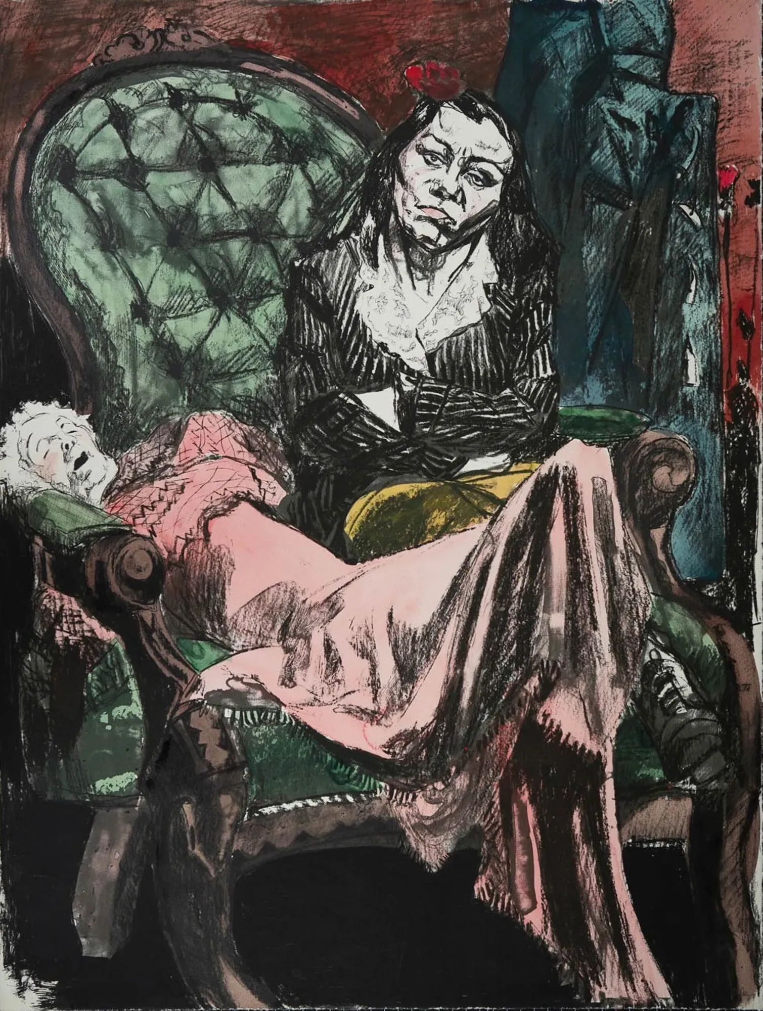 رسم تعبيري يظهر امرأة جالسة على أريكة خضراء، تعكس مشاعر القلق والشيخوخة، مما يتماشى مع موضوع المعرض حول الشيخوخة.