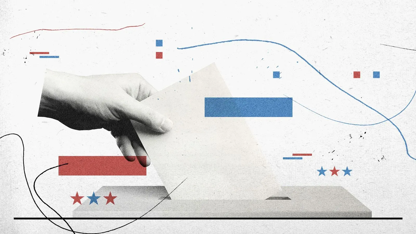 صورة توضح يد تضع ورقة اقتراع في صندوق، مع خلفية تحتوي على عناصر تصميمية ملونة تمثل الانتخابات، تعكس زيادة إقبال الناخبين.