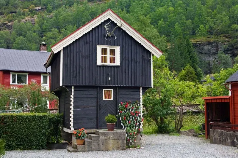 منزل خشبي صغير باللون الأسود محاط بأشجار خضراء، يعكس التصميم التقليدي الاسكندنافي، ويظهر تأثير اللون على درجة الحرارة الداخلية.