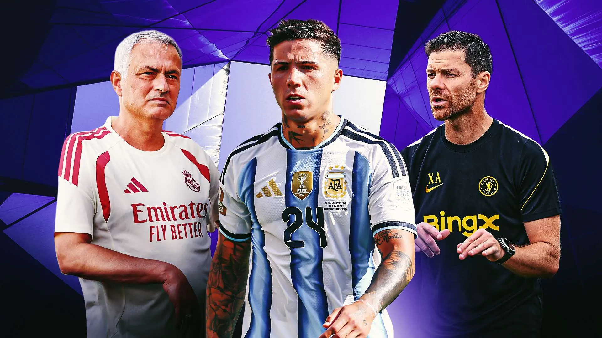 إنزو فيرنانديز بين مدرب ريال مدريد جوزيه مورينيو ومدرب تشيلسي تشابي ألونسو، مع ارتدائه قميص الأرجنتين في سياق انتقالات كرة القدم.