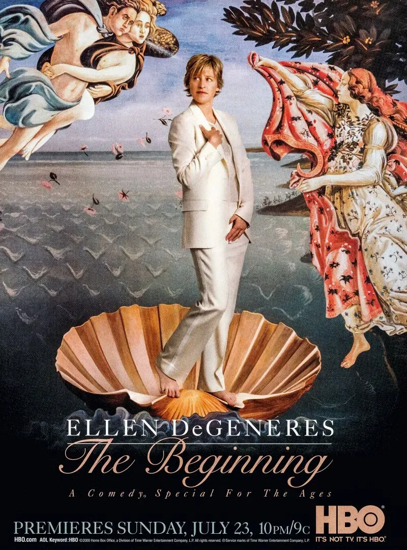 إيلين دي جينيريس ترتدي بدلة بيضاء داخل صدفة محار، محاطة بشخصيات من لوحة "ميلاد فينوس" في ملصق ترويجي لعرضها الكوميدي على HBO.