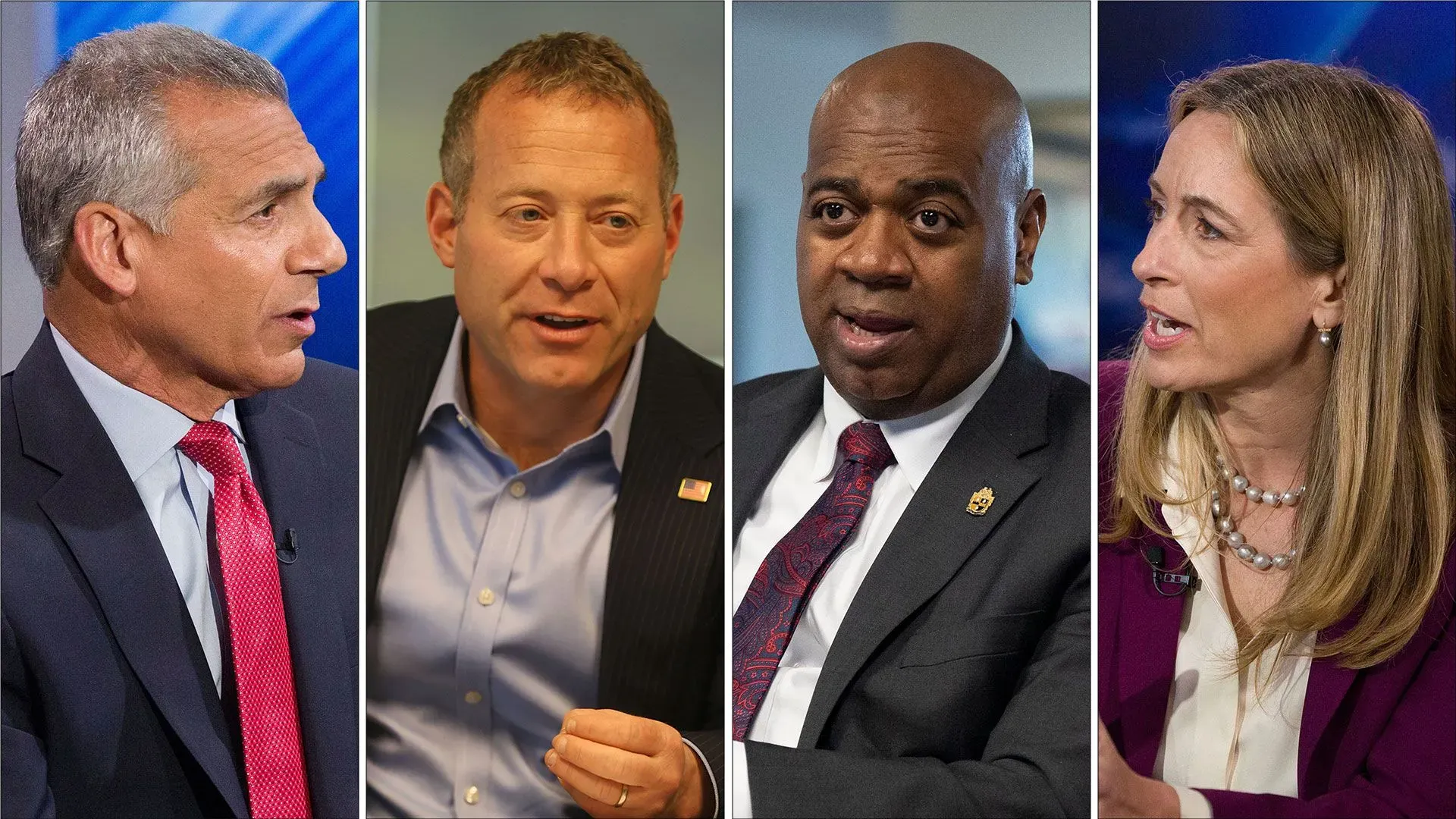 صور لمرشحين مختلفين لمنصب حاكم ولاية نيوجيرسي، يتضمنون جاك سياتاريللي وميكي شيريل، وسط أجواء الانتخابات التمهيدية.