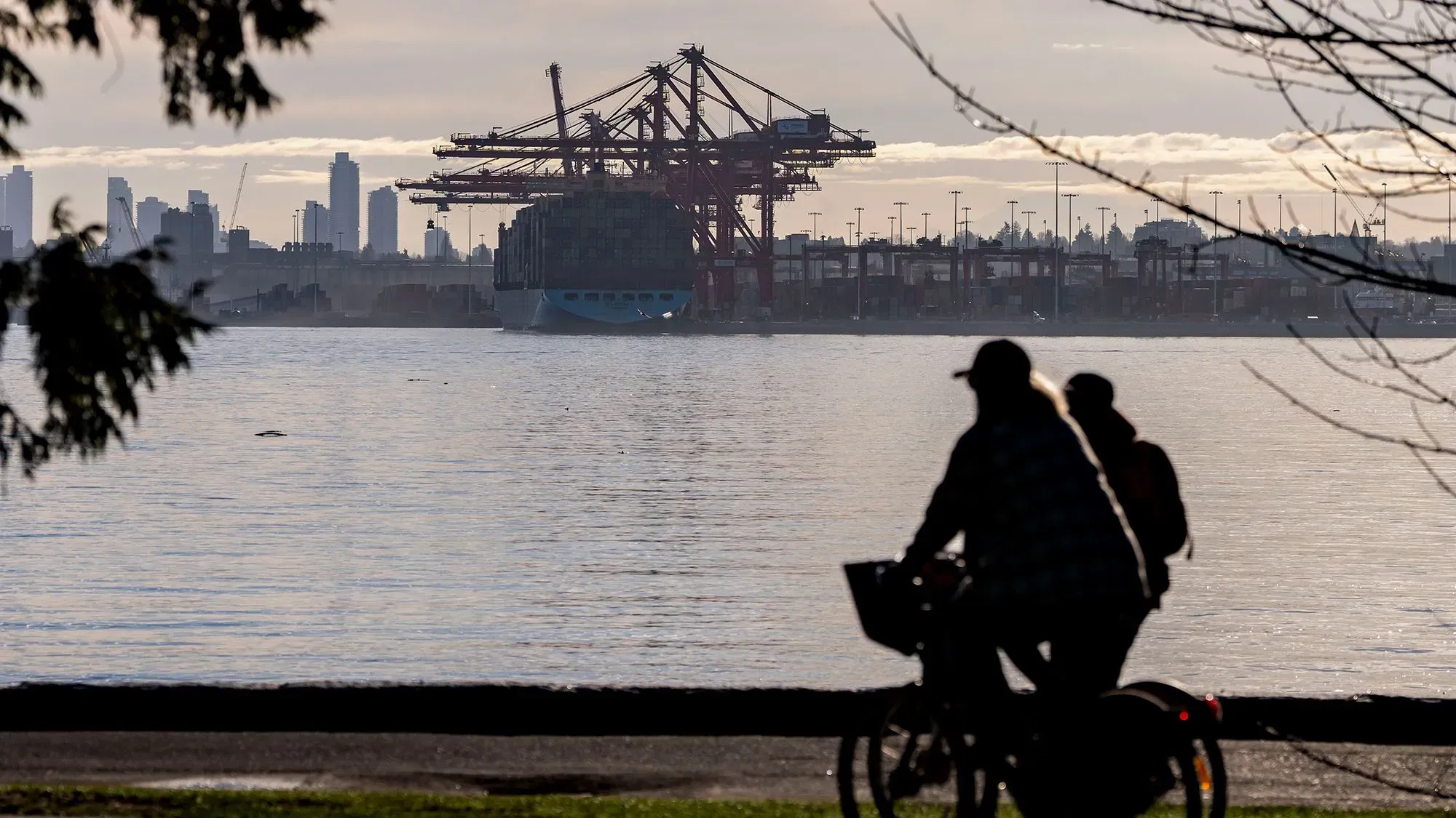 صورة تظهر شاحنة حاويات في ميناء مع skyline المدينة في الخلفية، بينما يركب شخصان دراجة على الواجهة البحرية. تعكس الصورة تأثير السياسات التجارية على الاقتصاد.