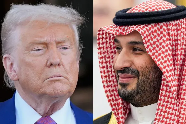 لقاء ولي العهد السعودي محمد بن سلمان مع الرئيس الأمريكي دونالد ترامب، حيث يناقشان العلاقات الأمنية وصفقات الأسلحة.