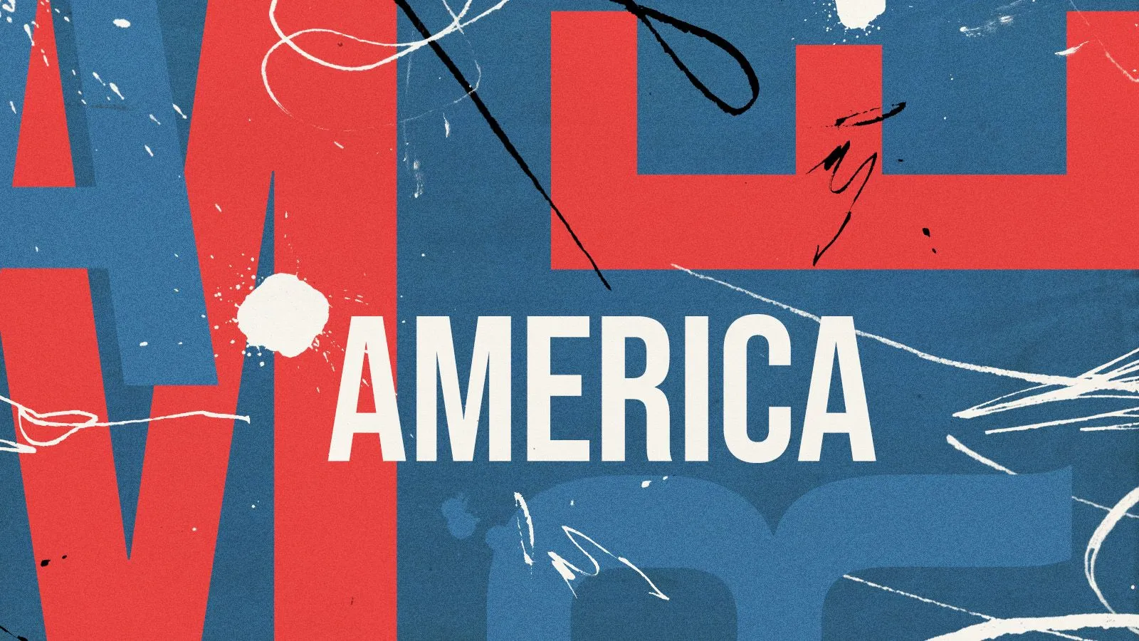 تصميم فني لكلمة "AMERICA" بألوان الأحمر والأزرق مع خطوط وأشكال تجريدية تعكس موضوع الهوية والانتماء الأمريكي.