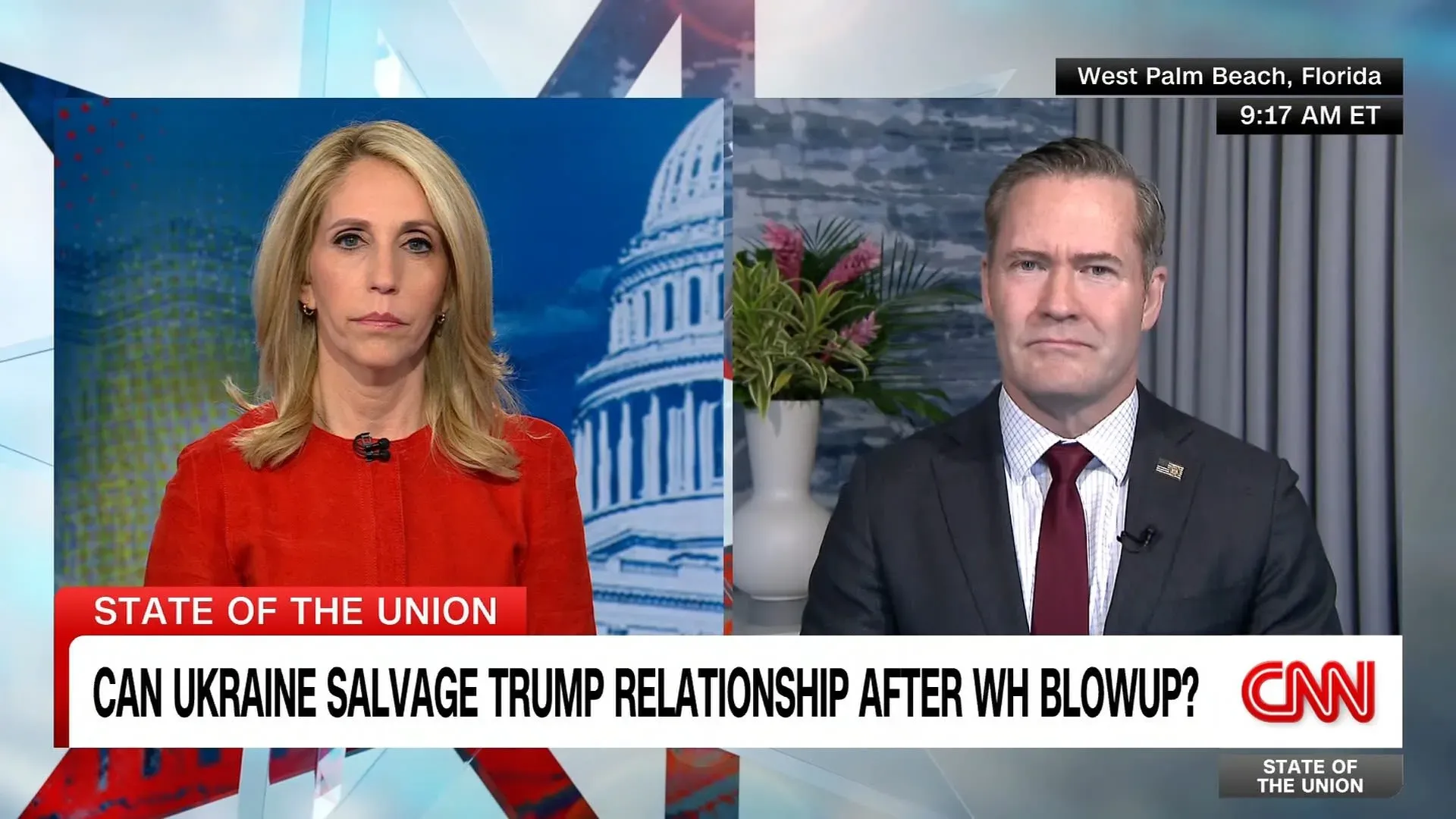 مقابلة على قناة CNN تظهر دانا باش مع ضيف يتحدث عن العلاقات الأوكرانية الأمريكية بعد اجتماع ترامب وزيلينسكي، مع خلفية لمبنى الكابيتول.