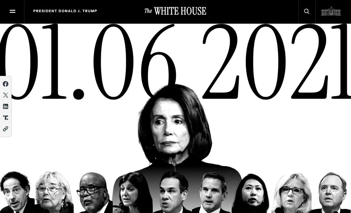 موقع البيت الأبيض الجديد يعيد تصوير أحداث 6 يناير 2021، مع التركيز على تصريحات ترامب واتهامات ضد بيلوسي، مع تهم بتزوير الانتخابات.