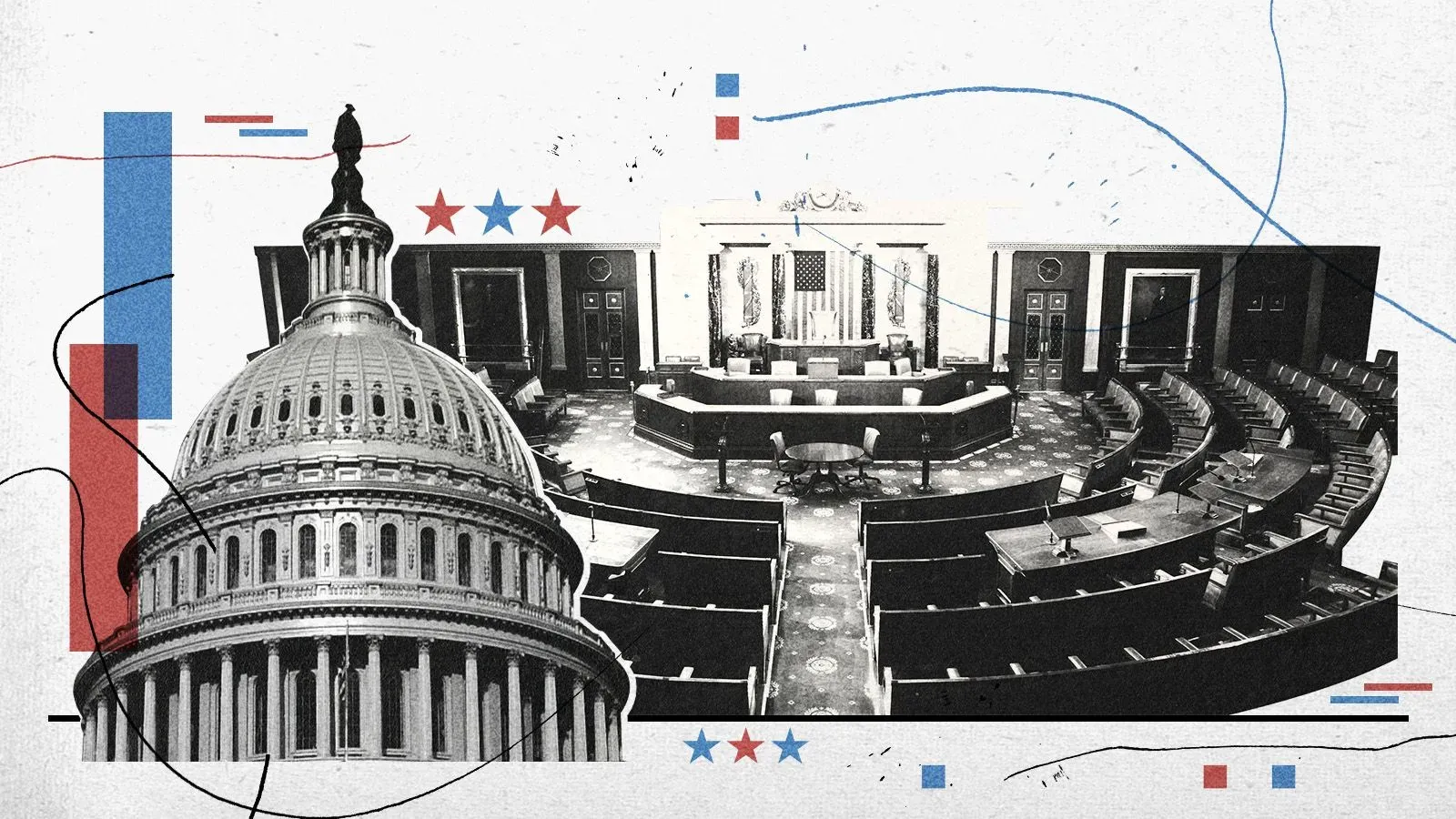 صورة توضح قبة مبنى الكابيتول الأمريكي مع مشهد داخلي لمجلس النواب، تعكس التوترات السياسية الحالية في الانتخابات المقبلة.