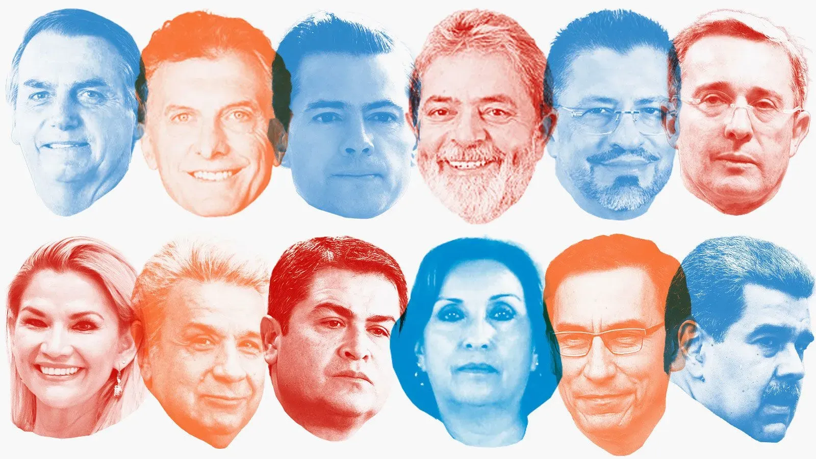 صور لوجوه عدة رؤساء سابقين من أمريكا اللاتينية، بينهم جايير بولسونارو وكريستينا فرنانديز، في سياق قضايا قانونية.