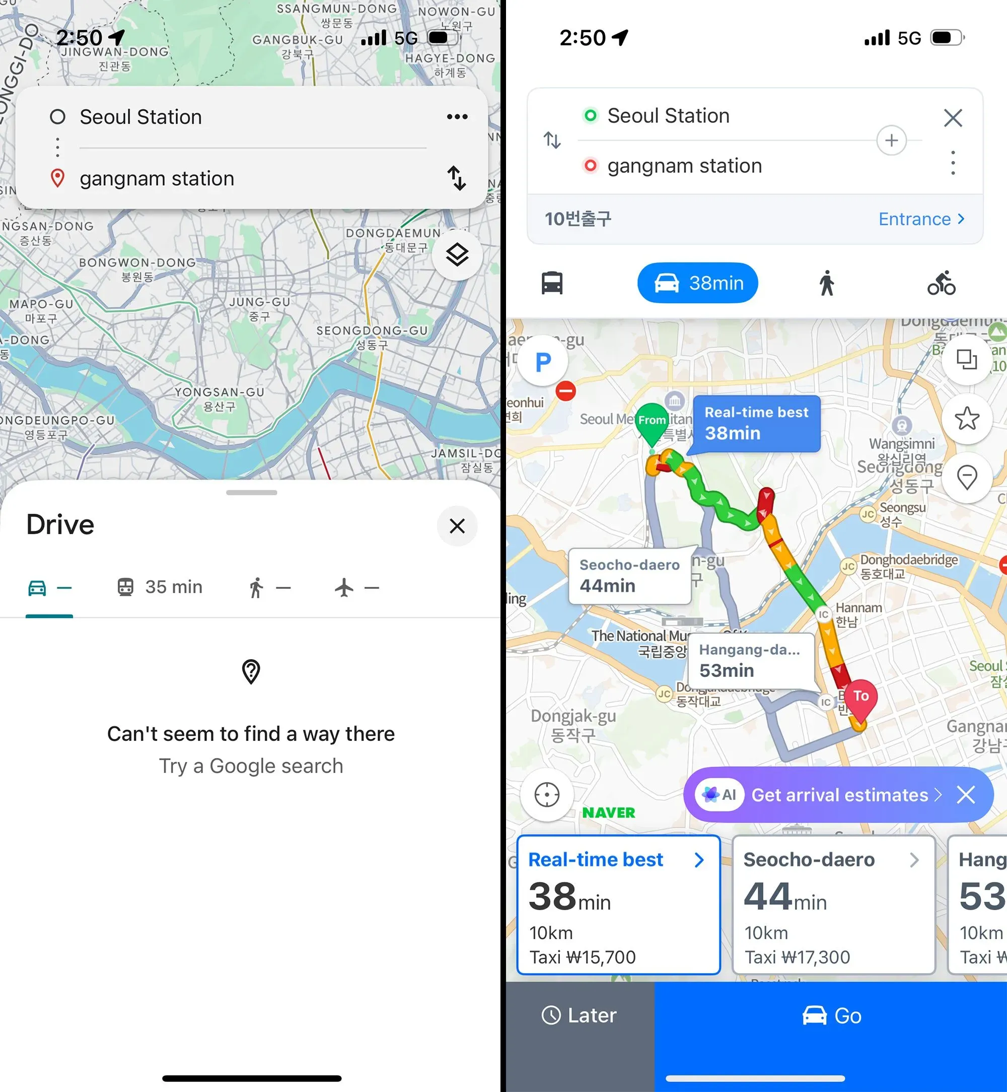 تظهر الصورة مقارنة بين تطبيقات خرائط مختلفة في كوريا الجنوبية، مع عدم قدرة خرائط جوجل على توفير الاتجاهات التفصيلية.