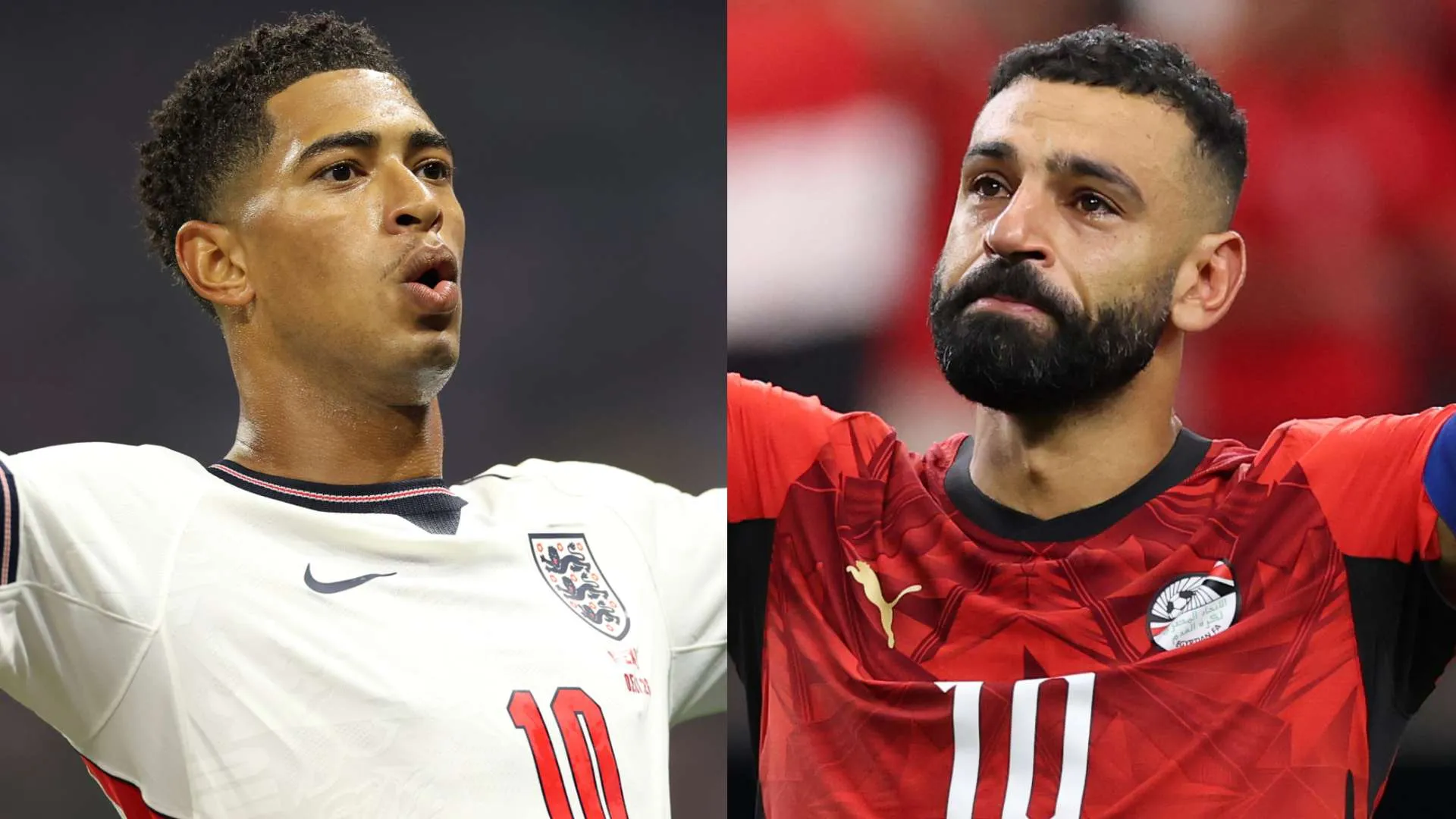 جود بيلينجهام لاعب وسط إنجلترا يحتفل بعد تسجيل هدف، مقابل محمد صلاح نجم مصر في لحظة تأمل خلال مباريات كأس العالم 2026.