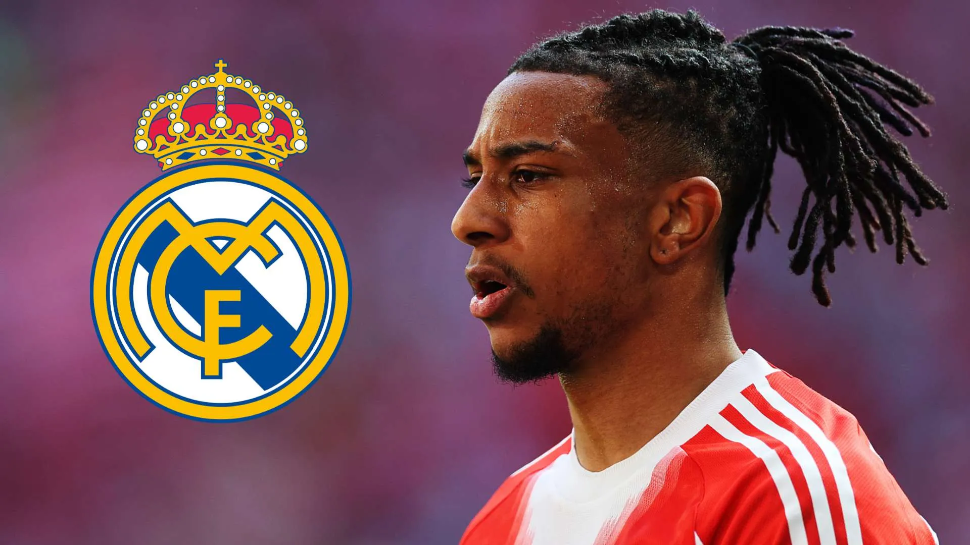 لاعب كرة القدم مايكل أوليس بزي فريقه، مع شعار ريال مدريد، يرمز لاهتمام النادي الإسباني بضمه في صفقة قياسية.