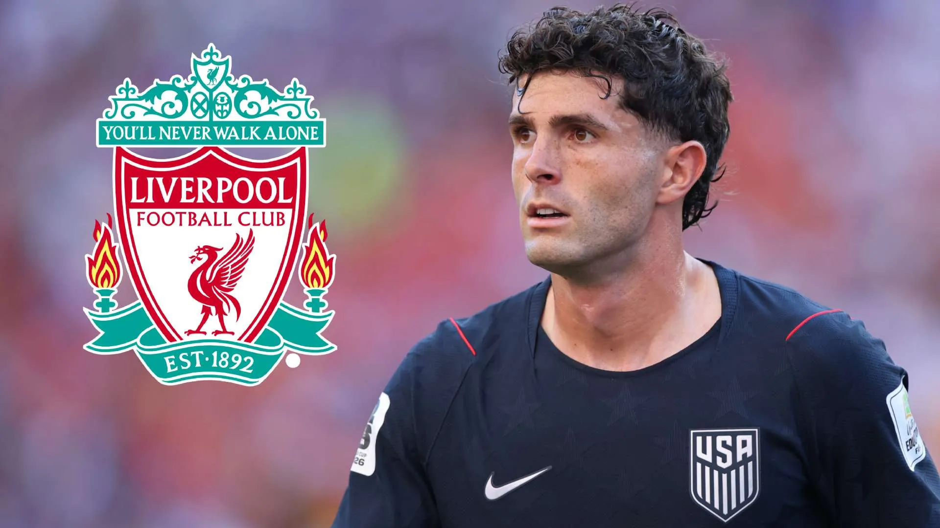 كريستيان بوليسيتش لاعب منتخب الولايات المتحدة يظهر مع شعار نادي ليفربول، مع تسليط الضوء على اهتمام الريدز بضمّه لتعزيز الهجوم.