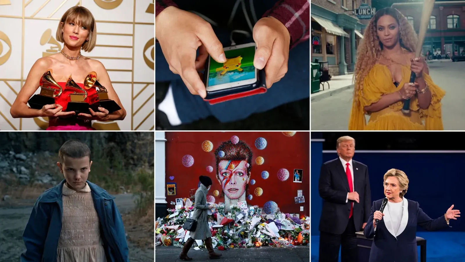 تجمع الصورة لحظات بارزة من عام 2016، تشمل تيلور سويفت بجوائزها، بيونسيه، ومشاهد من الثقافة الشعبية، مع تلميحات للسياسة.