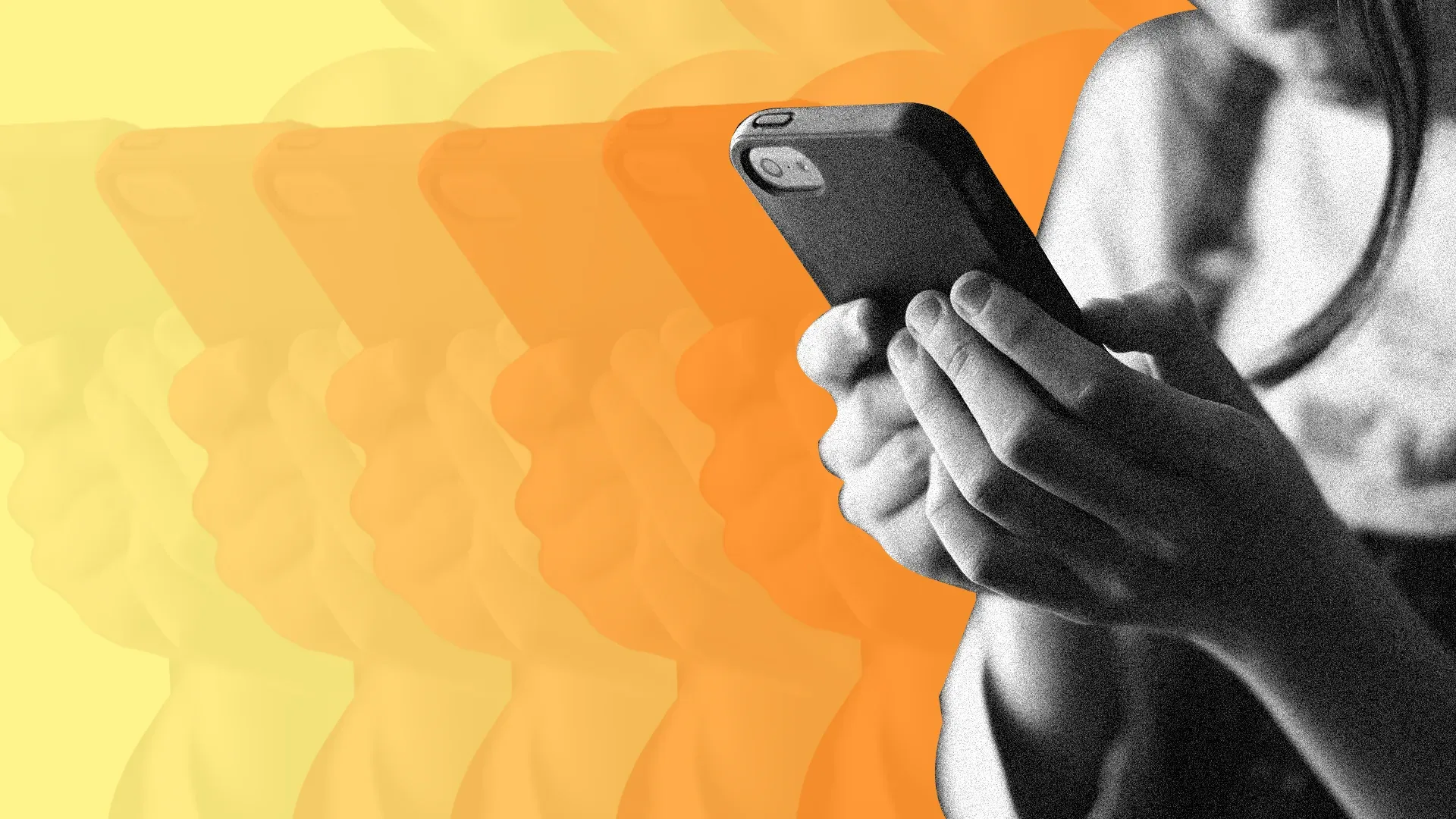 يد تظهر يدي شخص يحمل هاتفًا ذكيًا، مع خلفية ملونة تعكس تأثيرات الاستخدام المفرط للتكنولوجيا على العلاقات الأسرية.