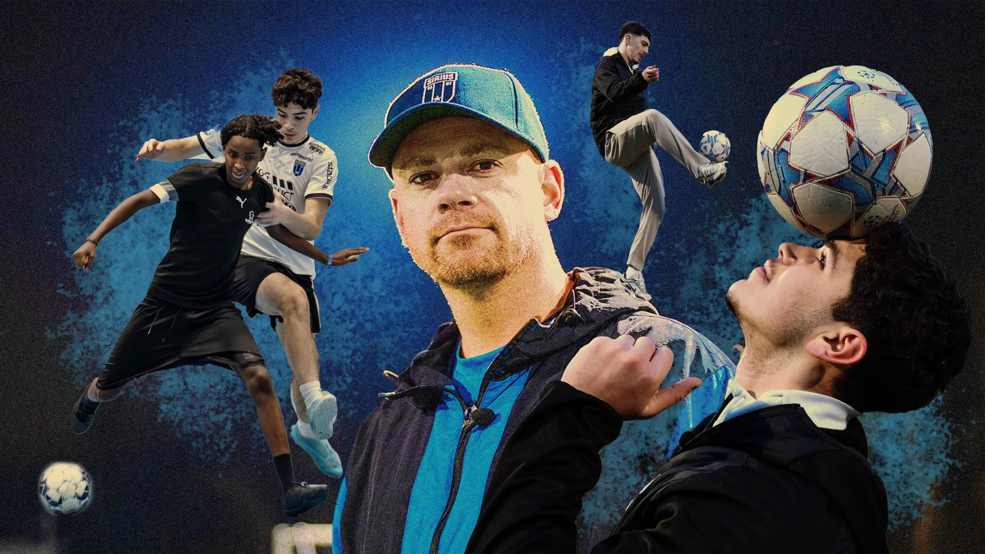 مجموعة من الشباب يلعبون كرة القدم تحت إشراف مدرب، مع التركيز على تحسين مهاراتهم في بيئة آمنة بعيدًا عن تأثيرات العصابات.