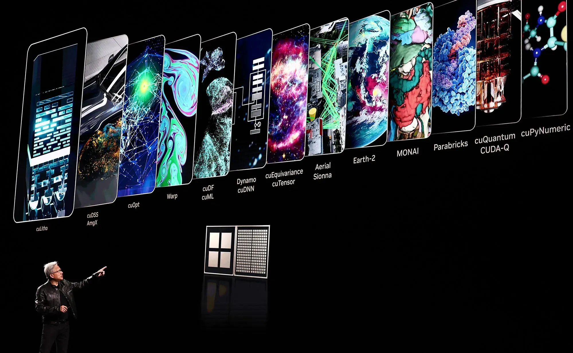 عرض تقديمي لشركة إنفيديا يظهر مجموعة من التطبيقات التكنولوجية المتقدمة، مع التركيز على الذكاء الاصطناعي والبيانات.