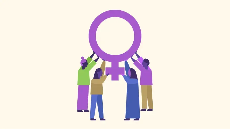 رسم توضيحي لأشخاص يحملون رمز الأنثى، مما يرمز إلى قضايا المساواة بين الجنسين وأهمية دعم حقوق المرأة في العمل.