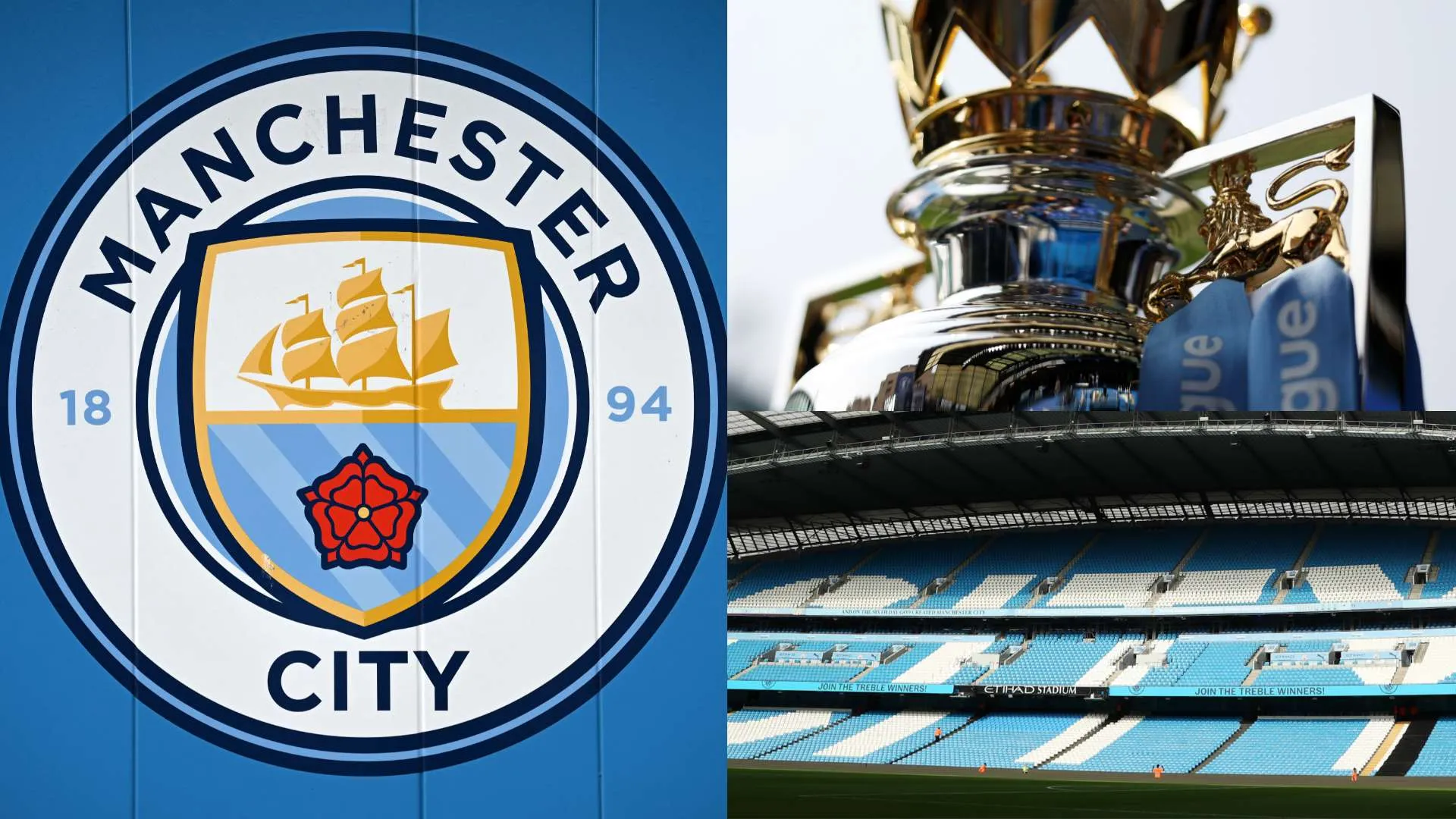 شعار مانشستر سيتي بجانب كأس الدوري الإنجليزي الممتاز في ملعب الاتحاد، مع التركيز على تحديات اللعب المالي النظيف ودوري السوبر الأوروبي.