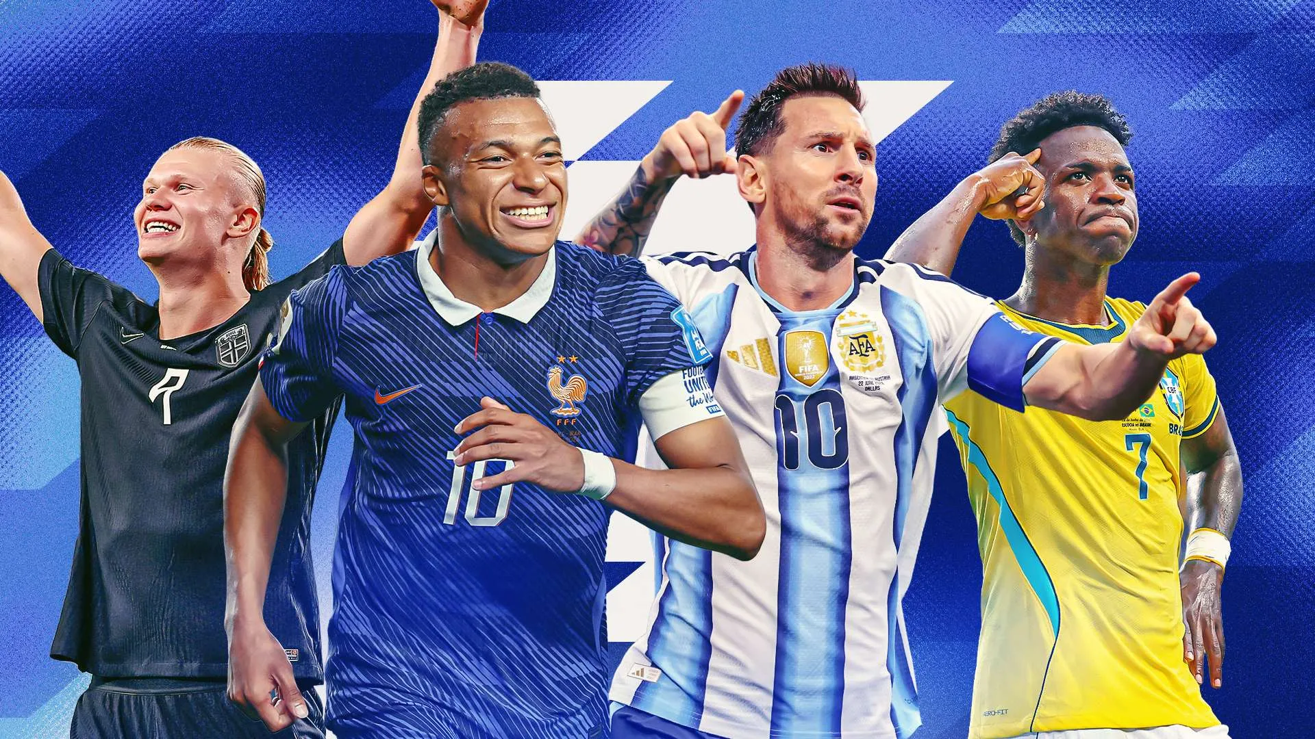 نجوم كرة القدم هالاند، مبابي، ميسي، وفينيسيوس يحتفلون في كأس العالم 2026 مع التركيز على المنافسة على الحذاء الذهبي.