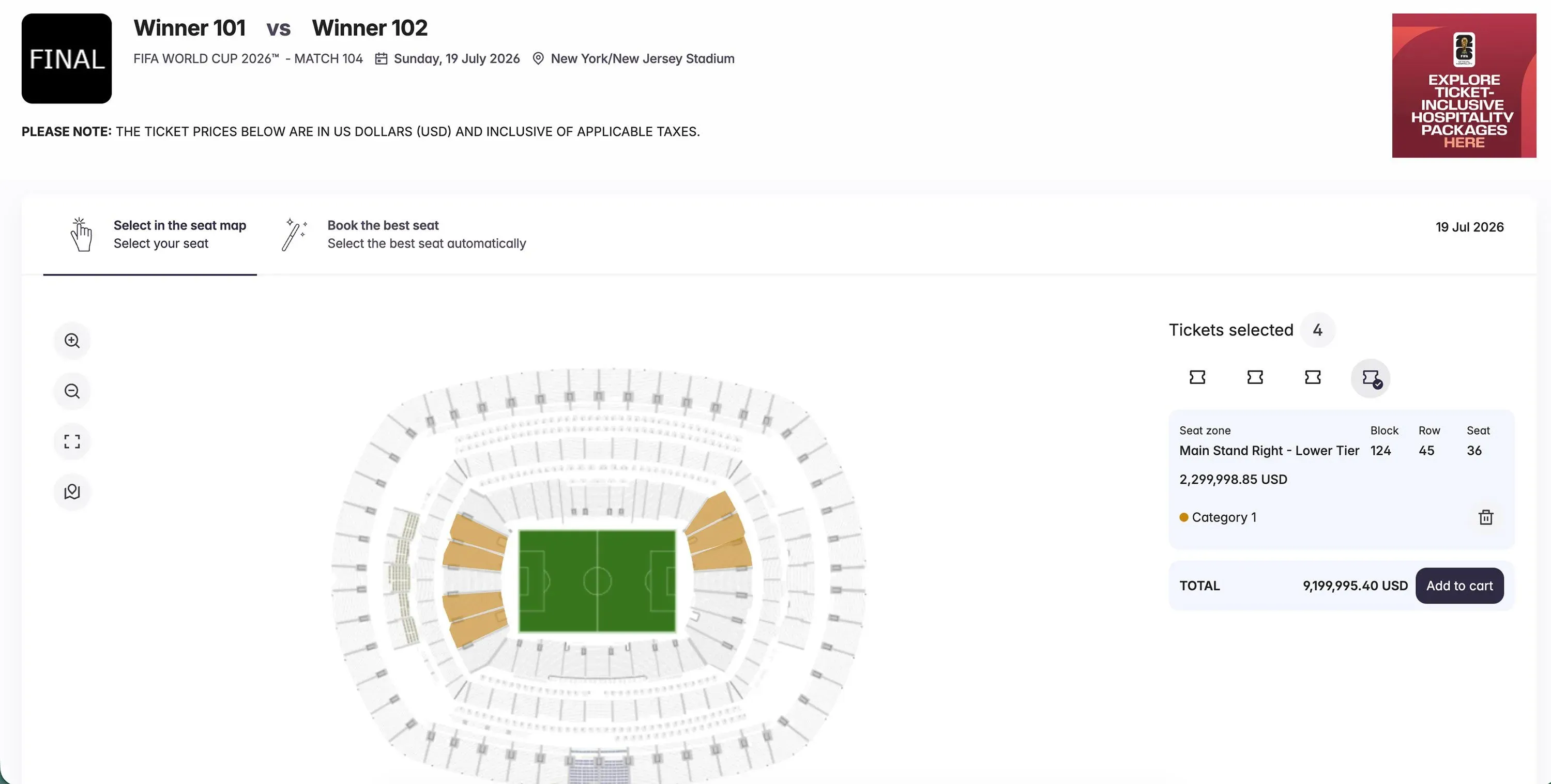 تذاكر نهائي كأس العالم 2026 في ملعب MetLife، معروضة للبيع بسعر 2,299,998.85 دولار لكل تذكرة من الفئة الأولى، بمجموع 9 ملايين دولار.