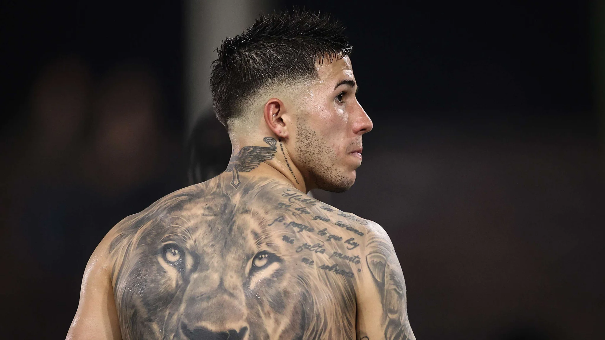 لاعب وسط تشيلسي إنزو فرنانديز يظهر من الخلف مع وشم أسد كبير على ظهره، في سياق حديث زابي ألونسو عن بقائه في الفريق.