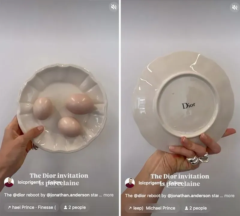 دعوة زفاف مصنوعة من البورسلين مع ثلاث بيضات وردية صغيرة، تحمل شعار "ديور" على القاعدة، تعكس تصميمًا فنيًا مبتكرًا.