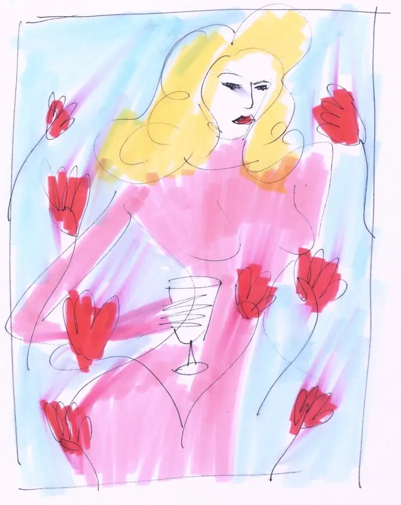 امرأة ذات شعر أشقر طويل ترتدي فستاناً وردياً، محاطة بأزهار حمراء، تعكس أجواء سريالية في عمل فني يجسد جمال التصوير الفوتوغرافي.