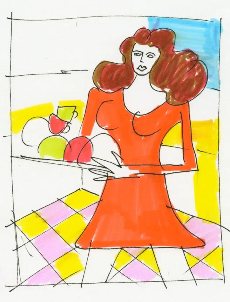 امرأة ذات شعر بني مجعد ترتدي فستانًا أحمر، تحمل صينية تحتوي على فواكه، في مشهد ملون يعكس أسلوب مايلز ألدريدج الفني.