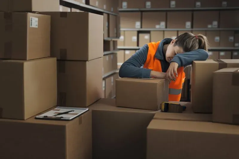 امرأة تعاني من التعب أثناء العمل في مستودع، تستند برأسها على صناديق كرتونية. تعكس الصورة تأثير تصميم الوظيفة على صحة النوم.